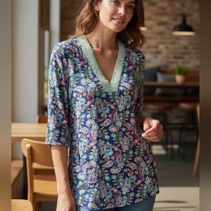 Liz Claiborne Floral V-Neck Blouse - Blue and Pink